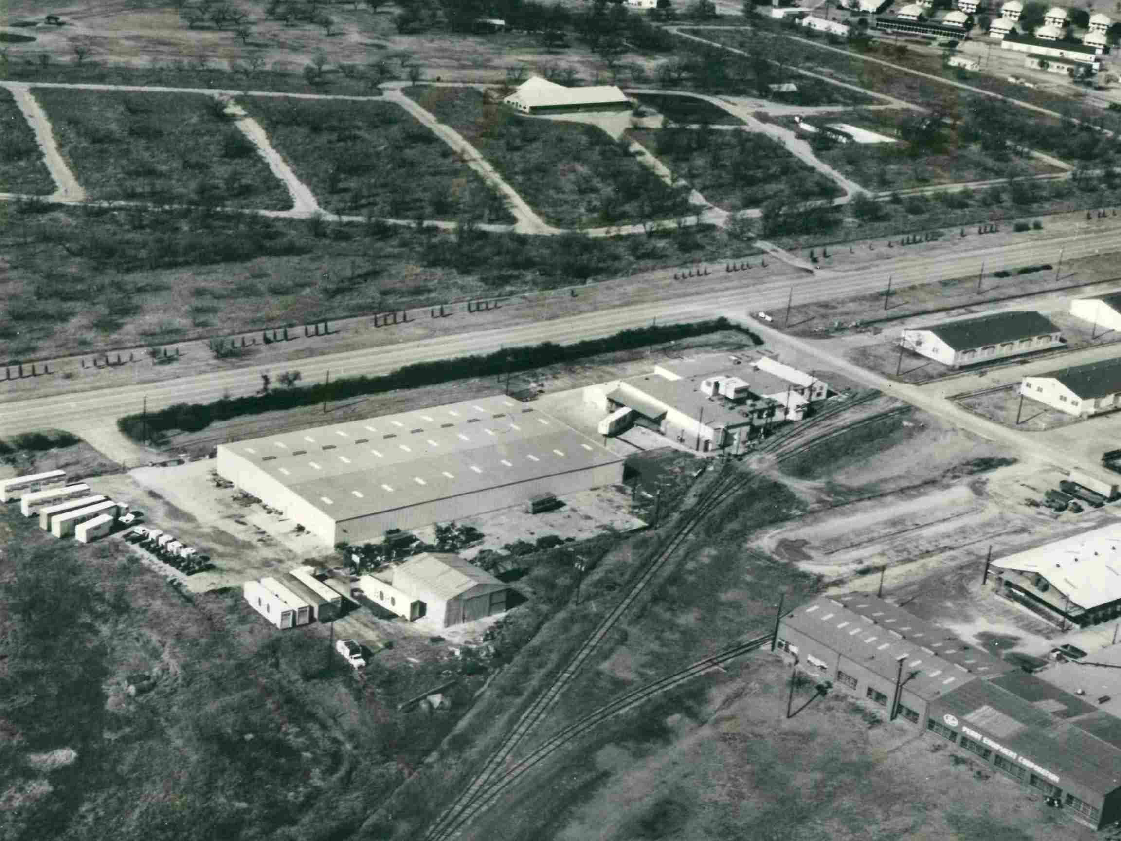 Old black and white photo showing an aerial view of the Ventamatic business in Mineral Wells, Texas in the 1970's.