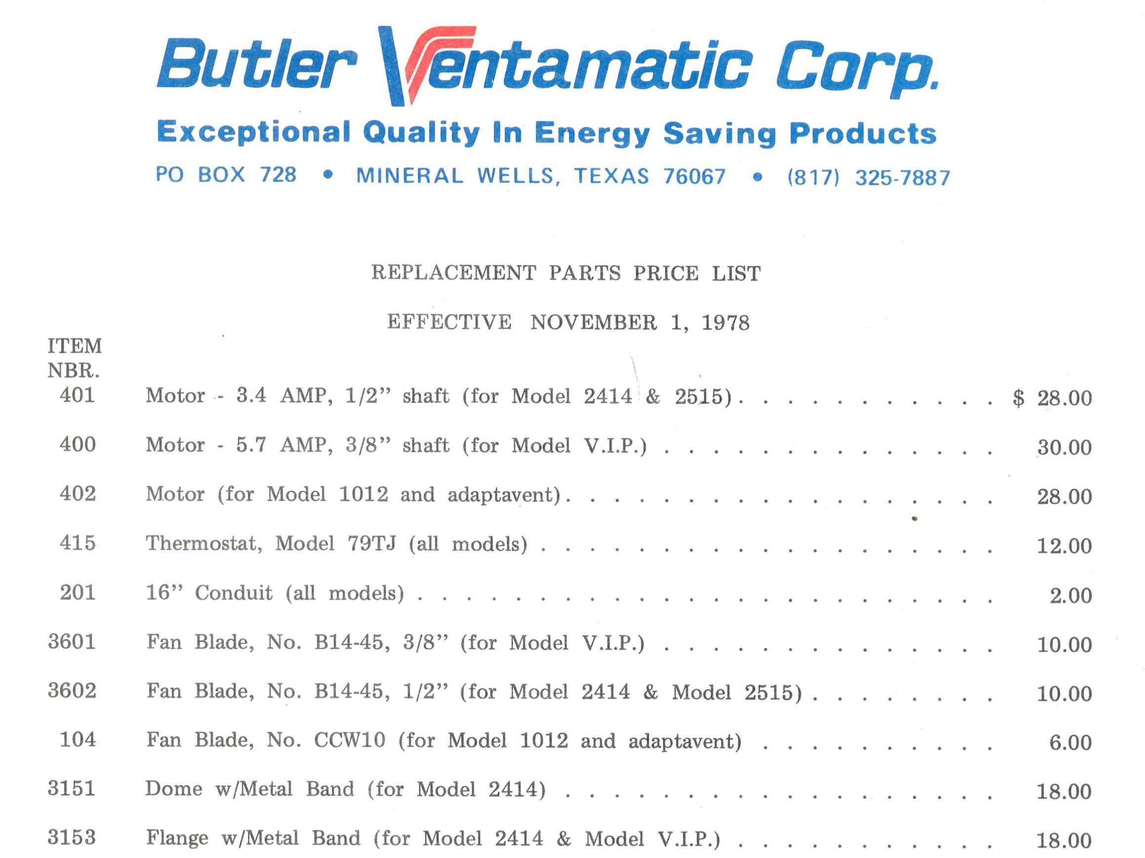 A catalog from 1978 showing the prices of replacement parts and components for Butler Ventamatic products.
