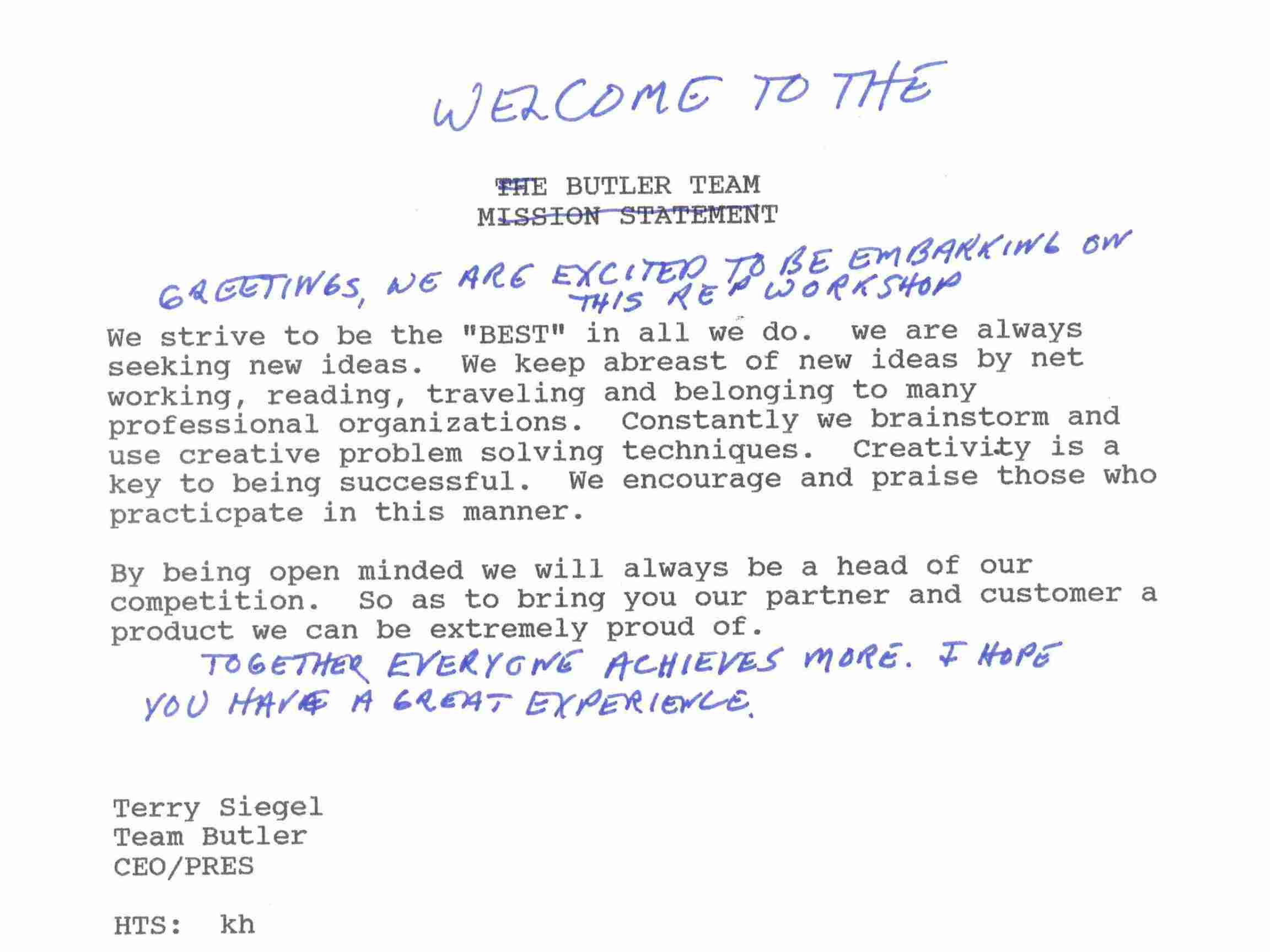 Notes handwritten by CEO Terry Siegel on a typed memo welcoming new hires to the organization.