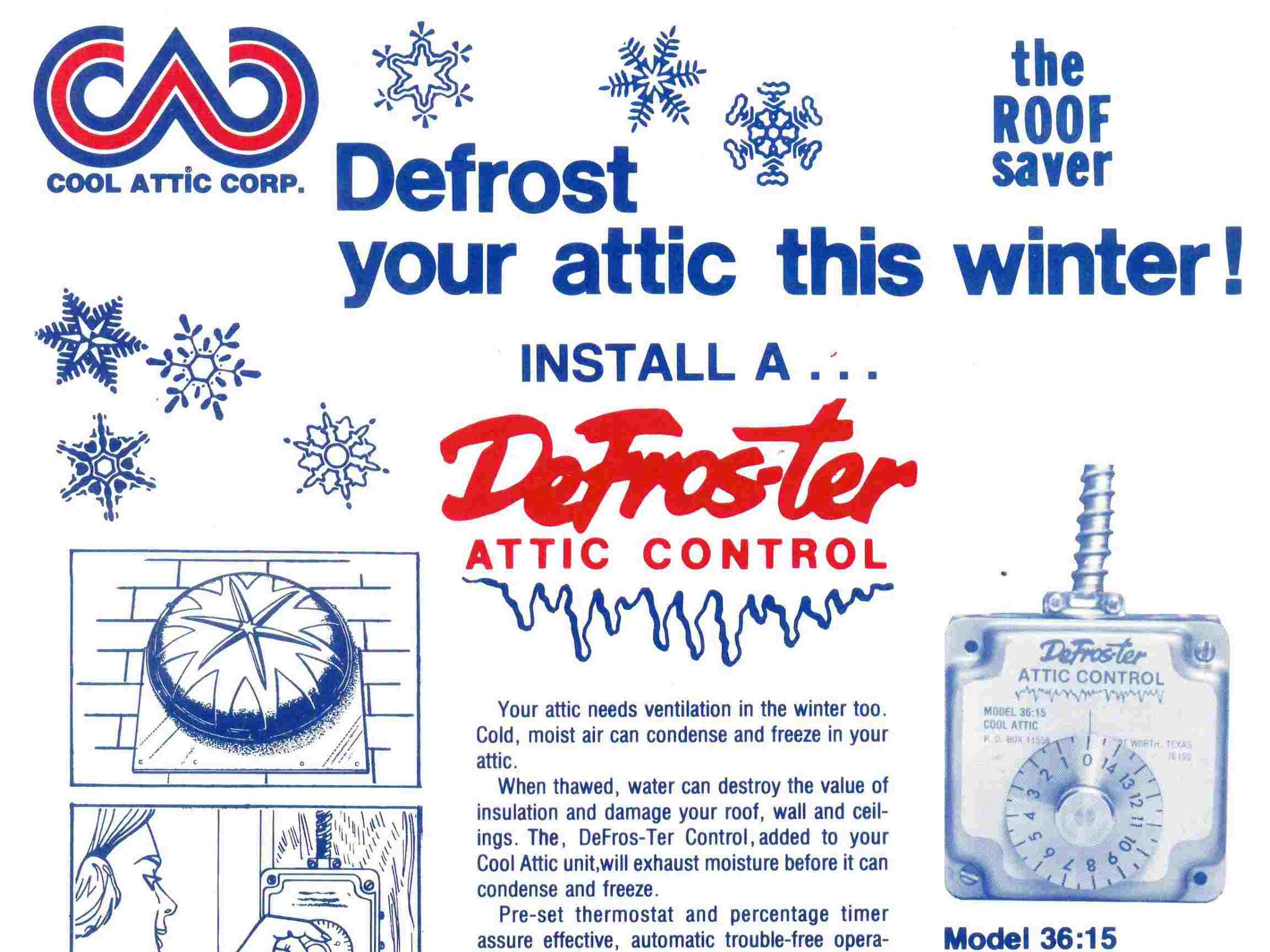 Old advertisement showing Ventamatic's former Attic DeFroster control under the Cool Attic brand name.